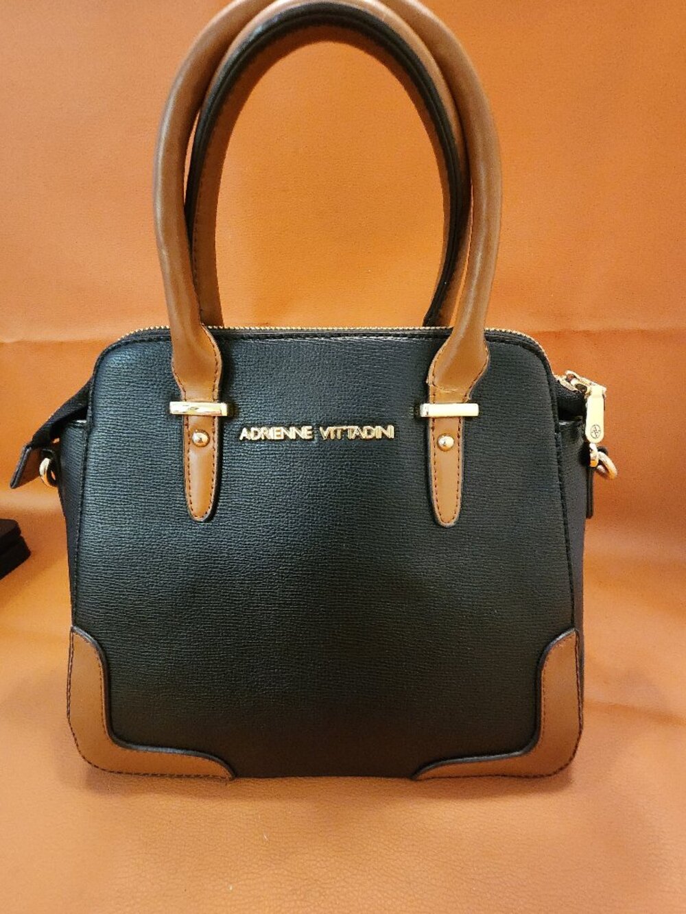 ADRIENNE VITTADINI BLACK FAUX-LEATHER SATCHEL - BLACK WITH TAN ACCENTS